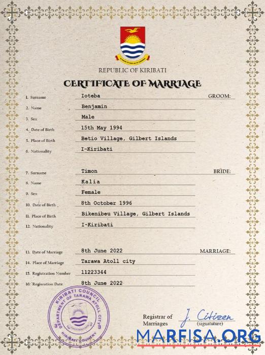 Realistic Kiribati marriage certificate PSD template